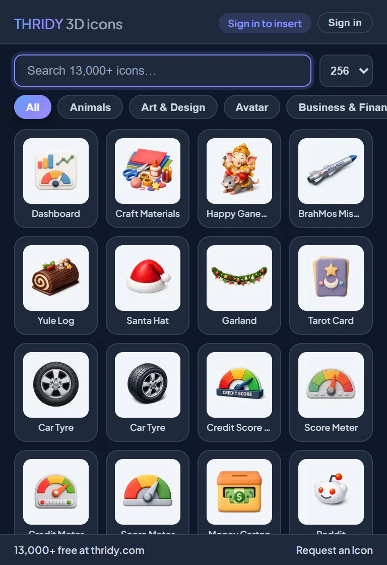 The Thridy plugin in Figma's dark theme, showing the same search, chips and icon grid