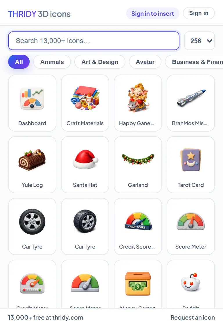 The Thridy plugin open in Figma: a search box, category chips, a size picker and a grid of 3D icons