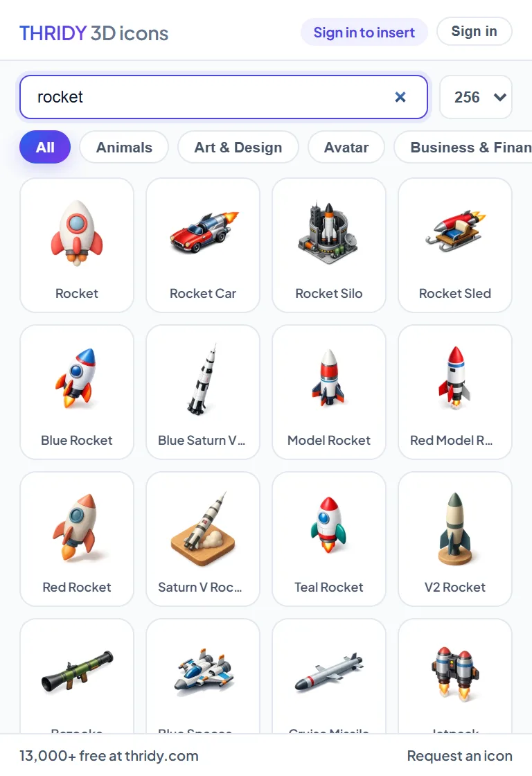 Search results for "rocket" in the plugin: a grid of rocket icons in different styles