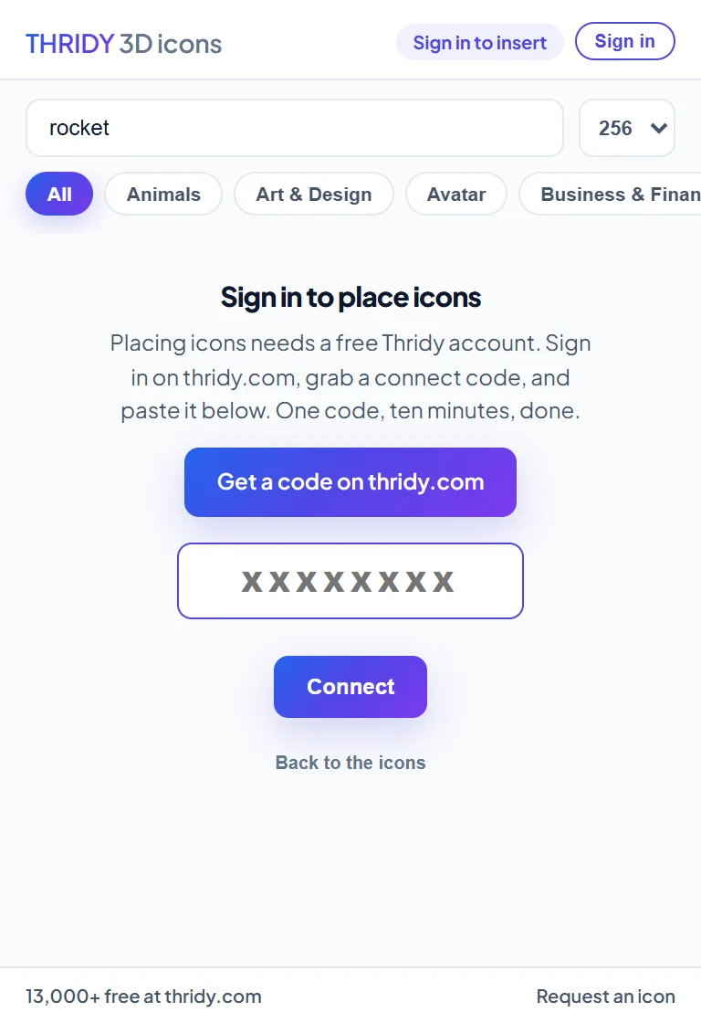 The plugin asking for an 8 character connect code, with a button to get one on thridy.com