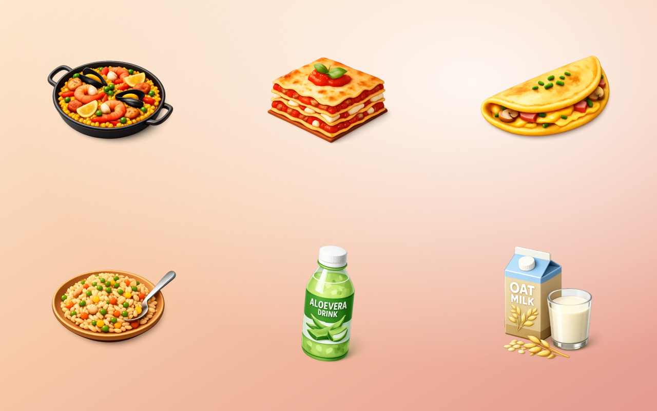 Six Thridy 3D food icons arranged on a warm gradient background